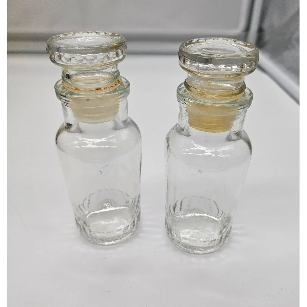 Vintage Made in Japan Clear Glass Apothecary Spice Bottles Beaded Stopper Set 2